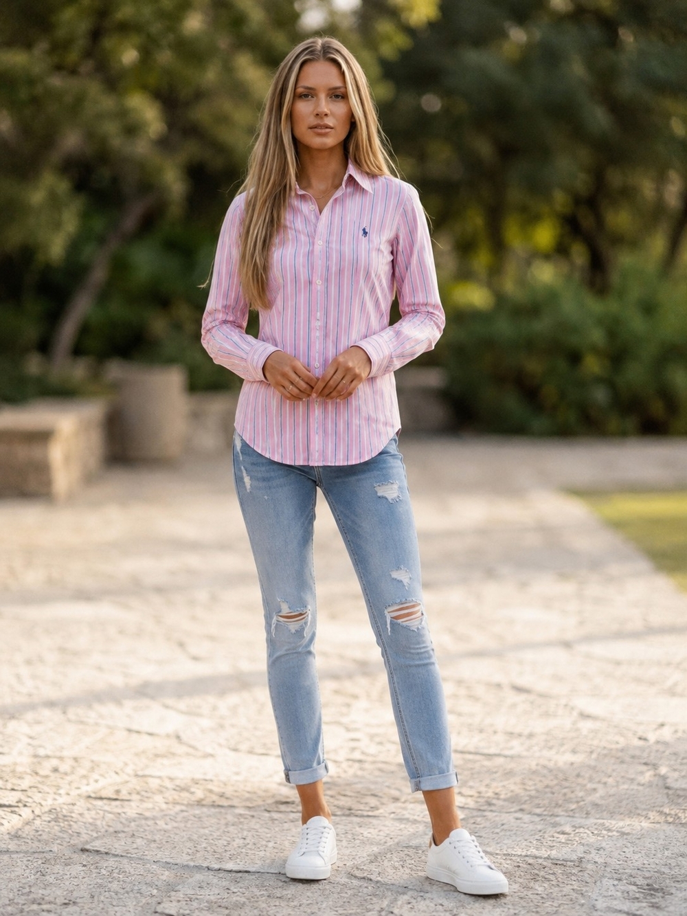 Lauren Ralph Lauren Pink Striped Button Down Shirt Women's Medium NWT